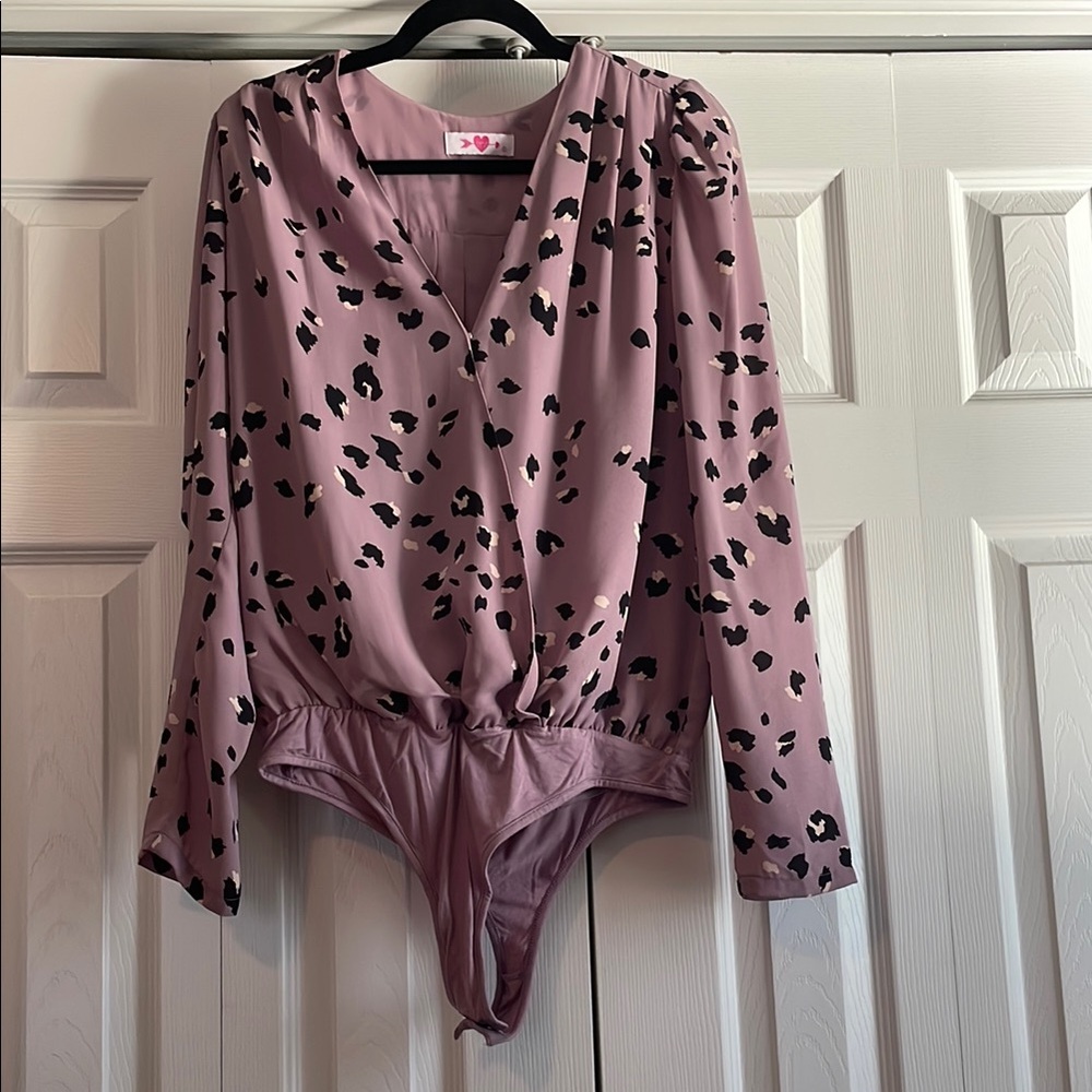 Buddy Love Lavender and Black Leopard Bodysuit with V-Neck